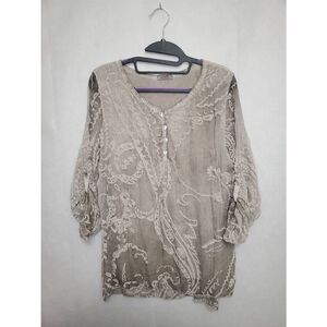 Scandal Italian Silk Lagenlook Neutral Embellished Roll Tab Sleeve Tunic Top